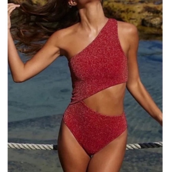 New! Beach Riot Red Metallic Celine One Shoulder One Piece Swimsuit 3623 - Picture 7 of 9